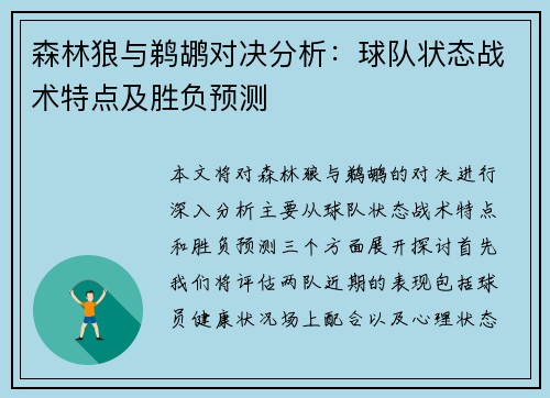 森林狼与鹈鹕对决分析：球队状态战术特点及胜负预测